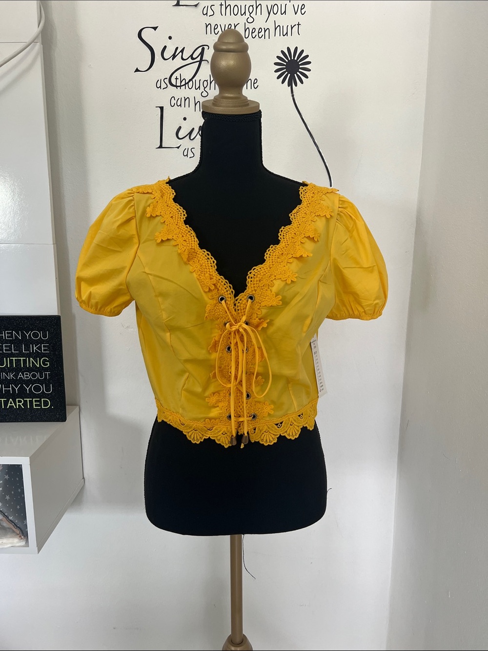 Sunshine Yellow Lace-Up Puff Sleeve Crop Top